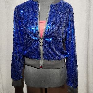 Sequin front zip jacket lined BLUE Sz Small Allegra K
